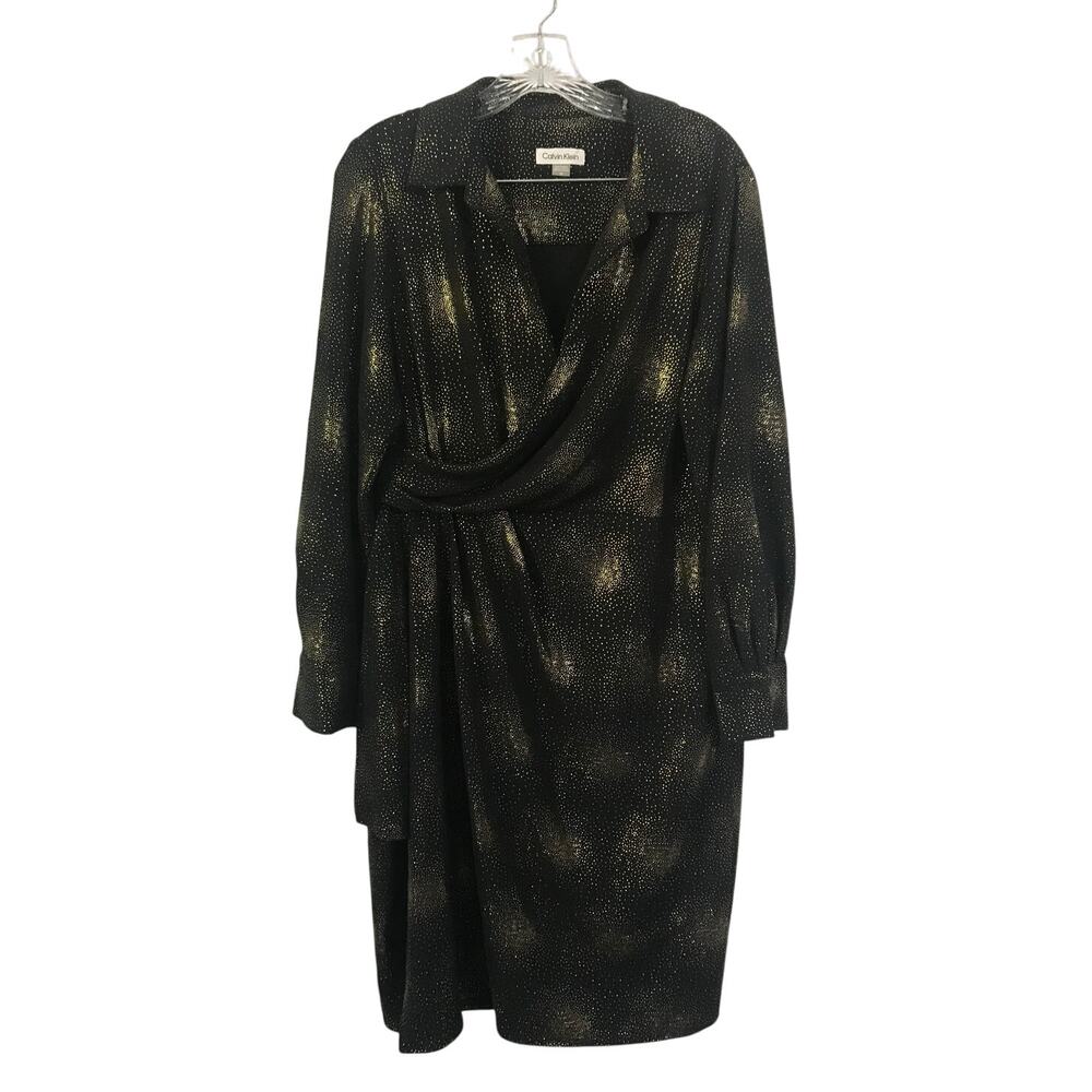 Calvin Klein Black Long Sleeve Gold Sparkle Dress Midi Faux Wrap Business 10